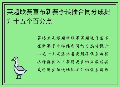 英超联赛宣布新赛季转播合同分成提升十五个百分点 英超联赛宣布新赛季转播合同分成提升十五个百分点